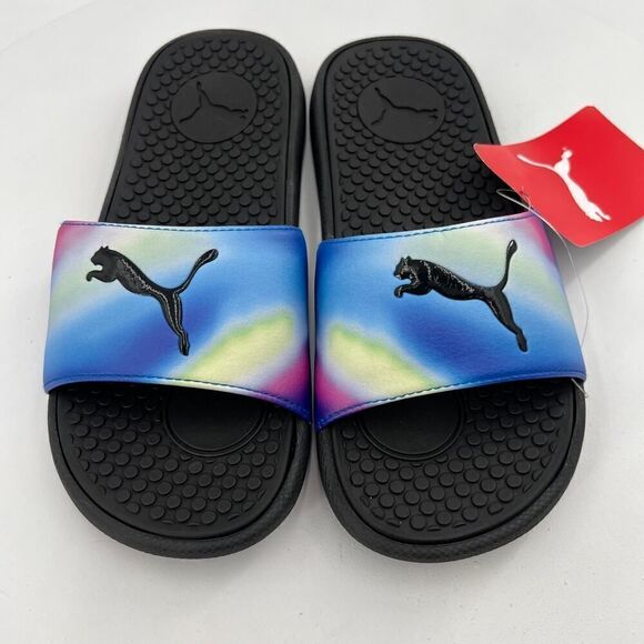 PUMA Cool Cat Dark Prismatic Puma Black/Luminous Blue/Yellow Sandals Size 5 - Picture 1 of 14